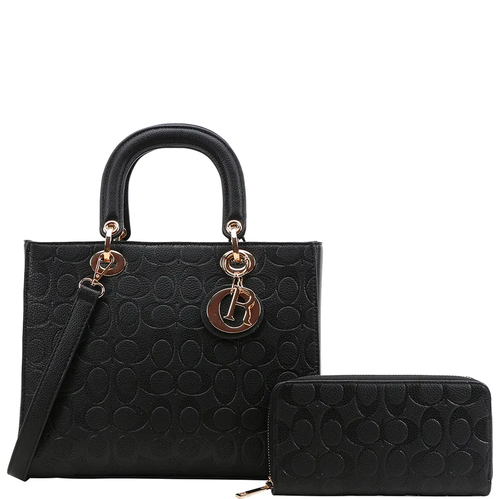 2-in-1 Black Oval Pattern Satchel Bag with Wallet Set