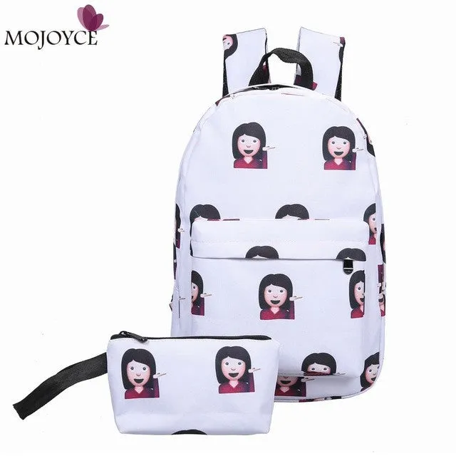 2017 Leisure Waterproof Nylon Women Travel Backpack 3D Smiley Emoji Face Printing School Bag for Teenage Girls 2pcs Bag Mochila