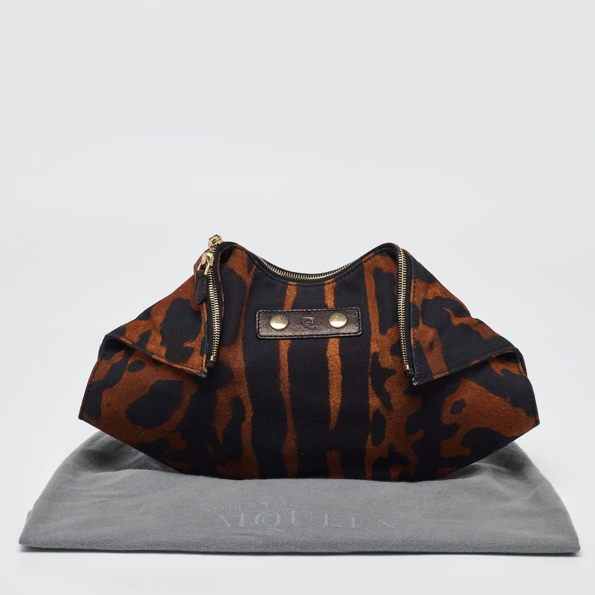 ALEXANDER MCQUEEN Black/Brown Leopard Print Canvas and Leather Medium De Manta Clutch