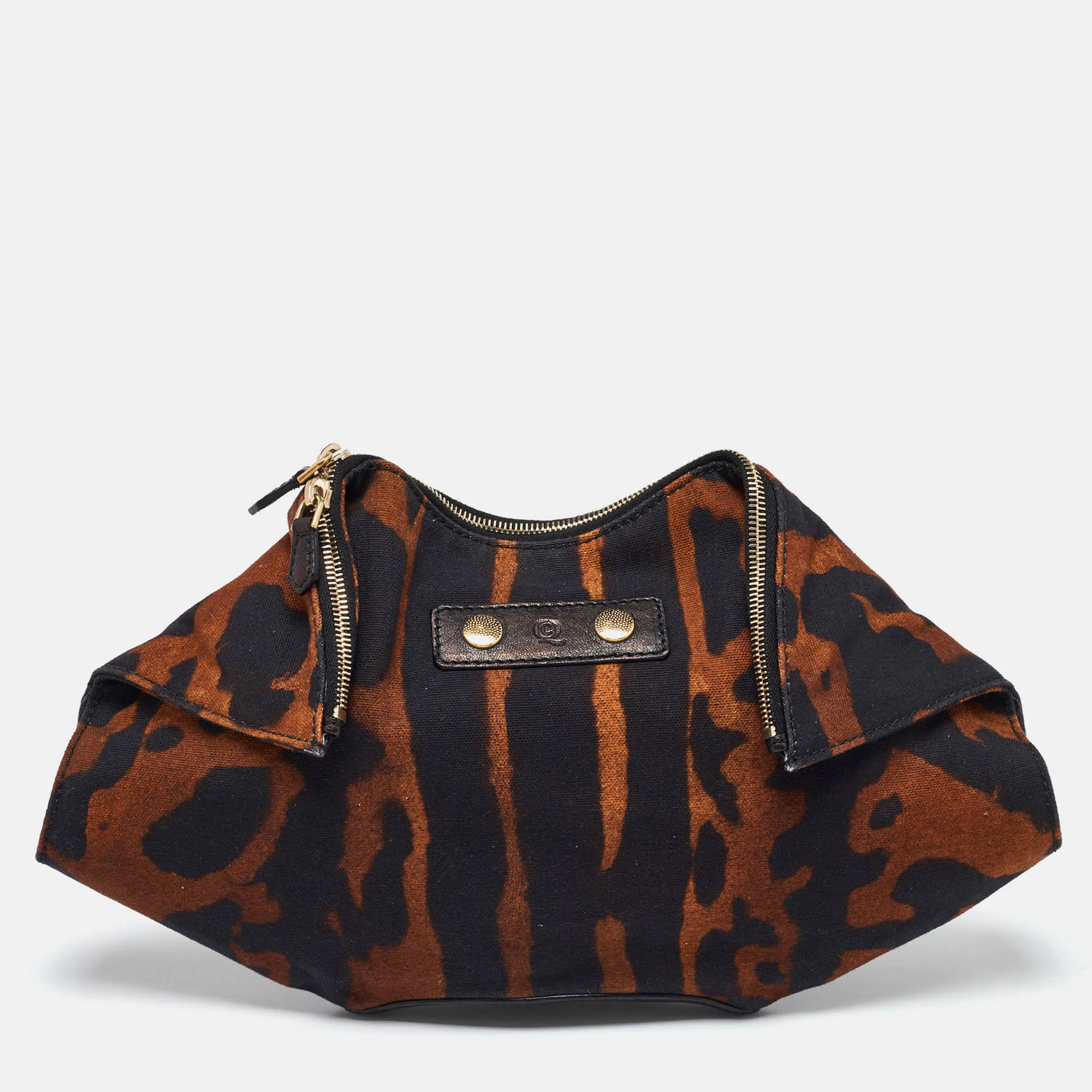 ALEXANDER MCQUEEN Black/Brown Leopard Print Canvas and Leather Medium De Manta Clutch