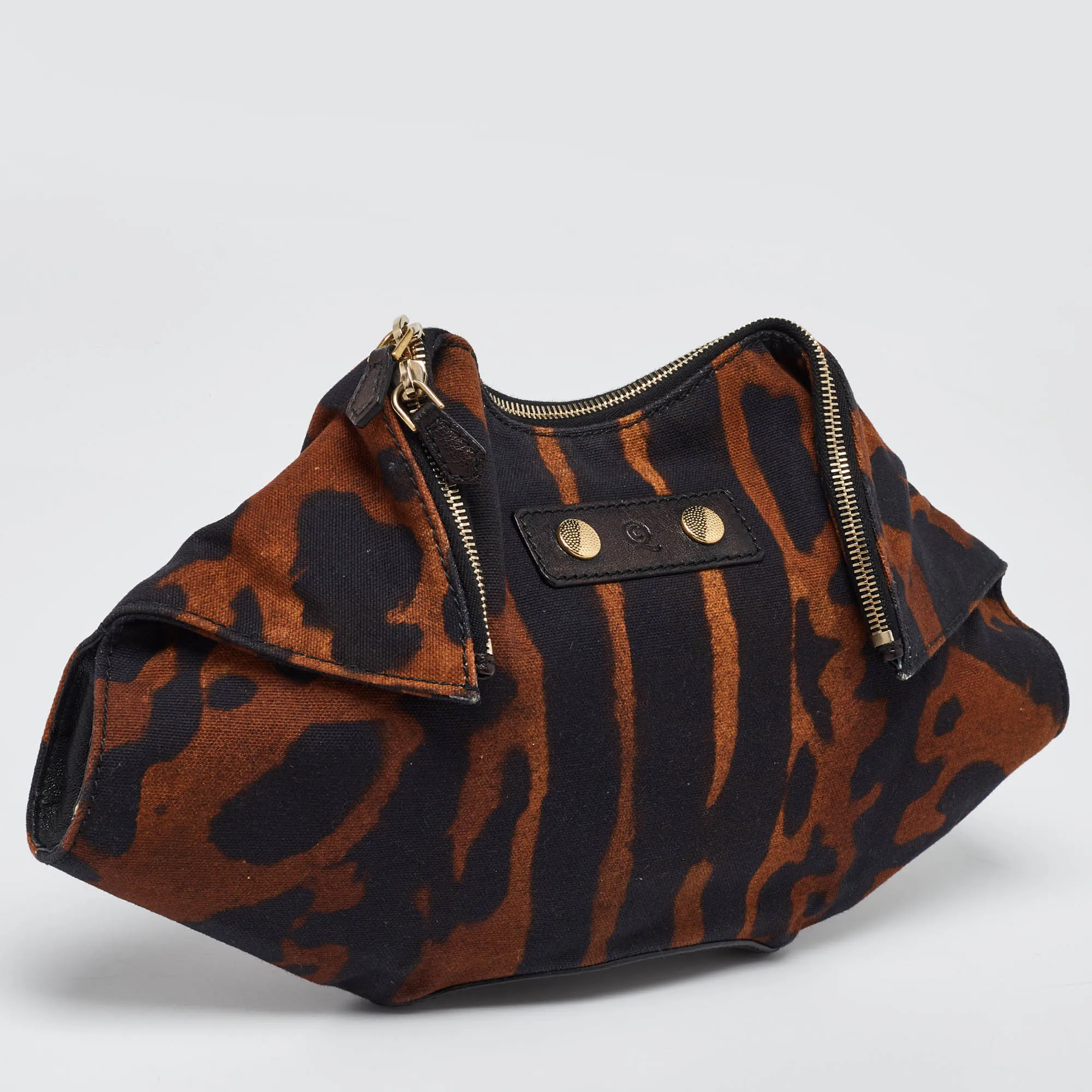 ALEXANDER MCQUEEN Black/Brown Leopard Print Canvas and Leather Medium De Manta Clutch