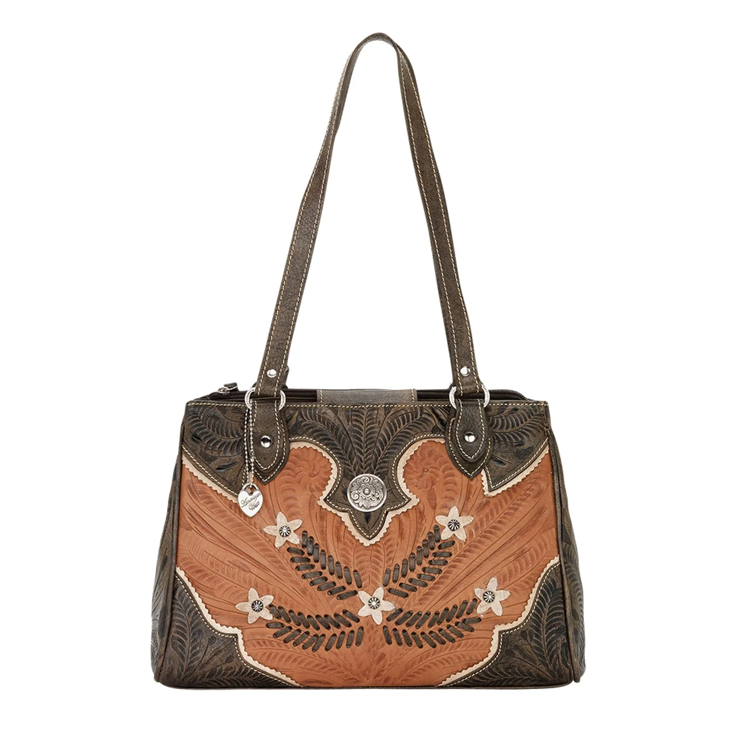 American West Womens Desert Wildflower 13in Natural Tan Leather Handbag Bag