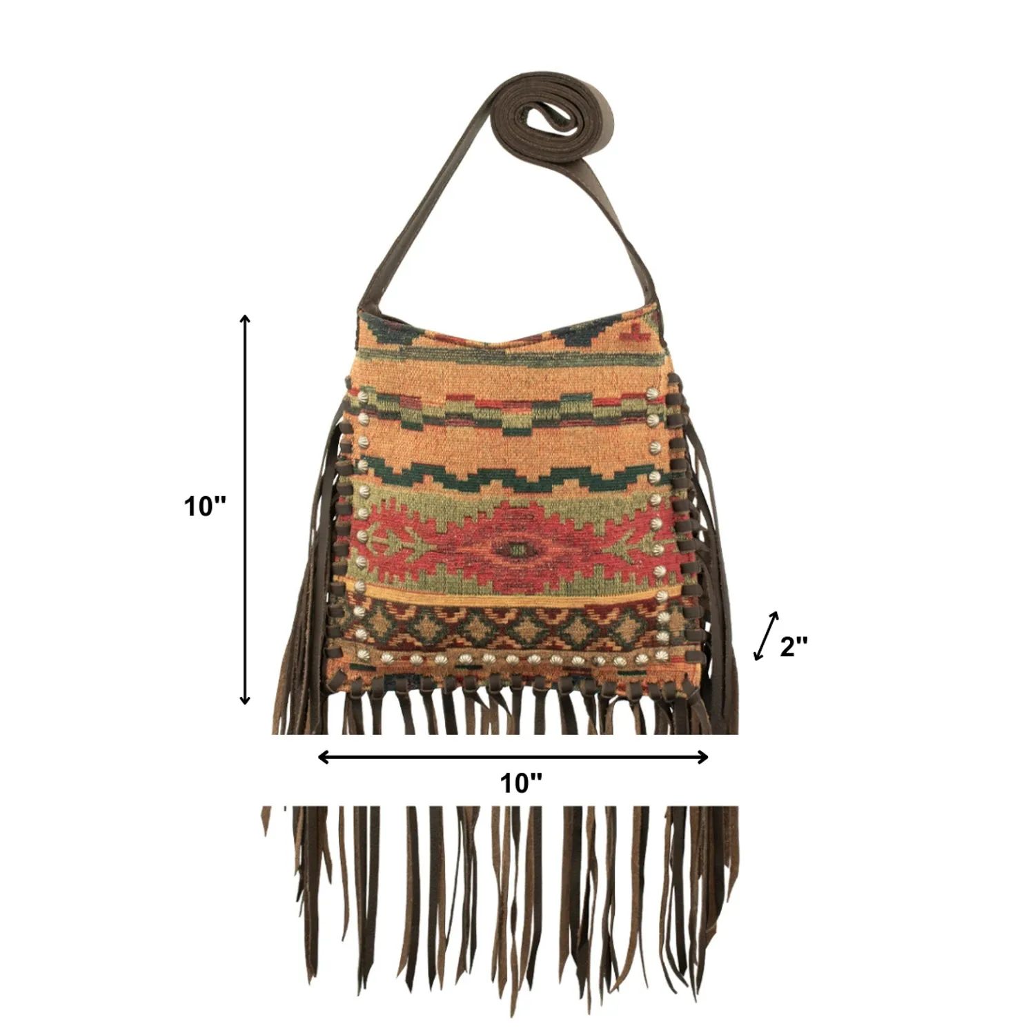 American West Womens Fringed Cowgirl 10in Woven Tapestry Leather Crossbody Bag