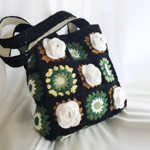 Black Wool Flower Shoulder Bag