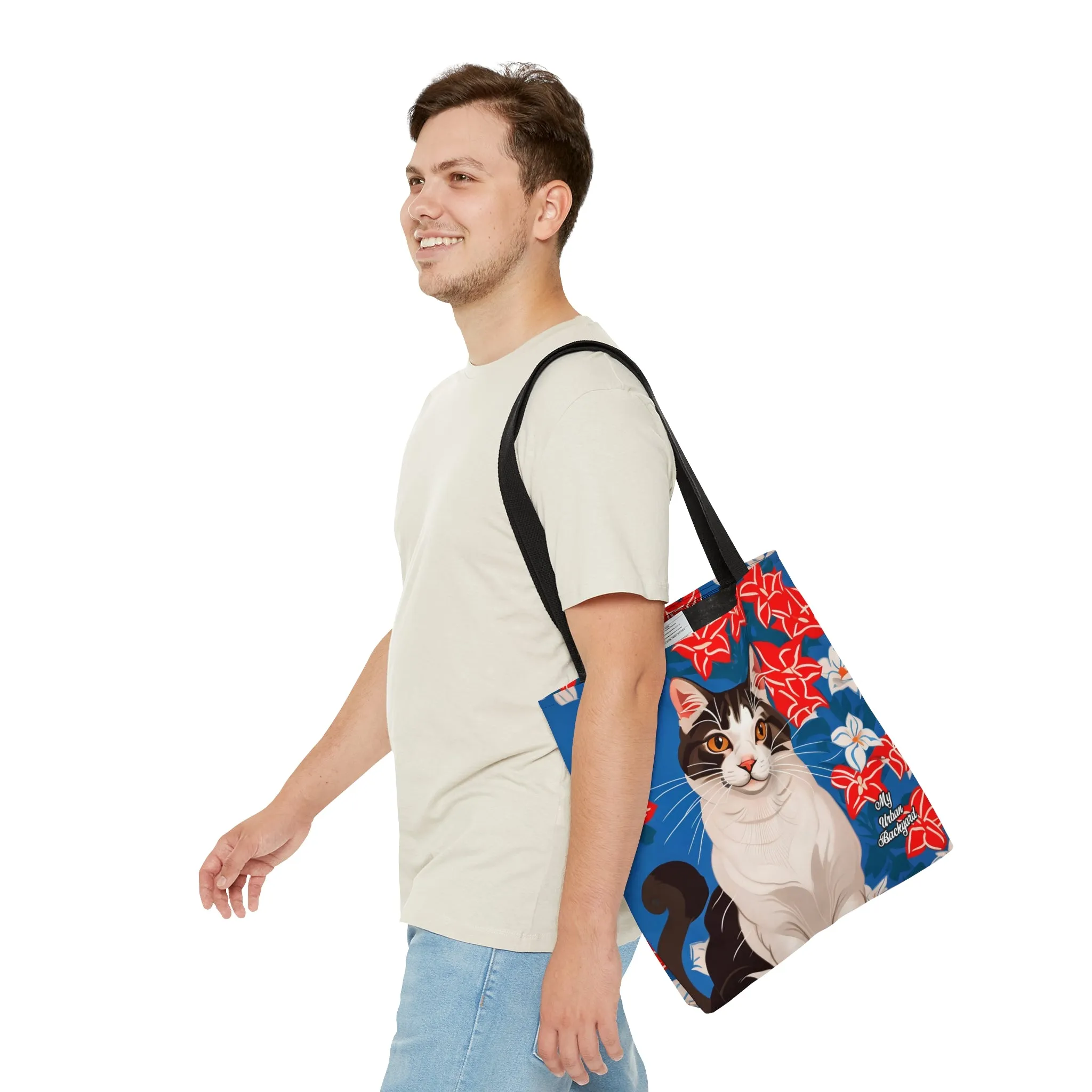 Cat and Red White & Blue Flowers, Tote Bag for Everyday Use - Durable and Functional