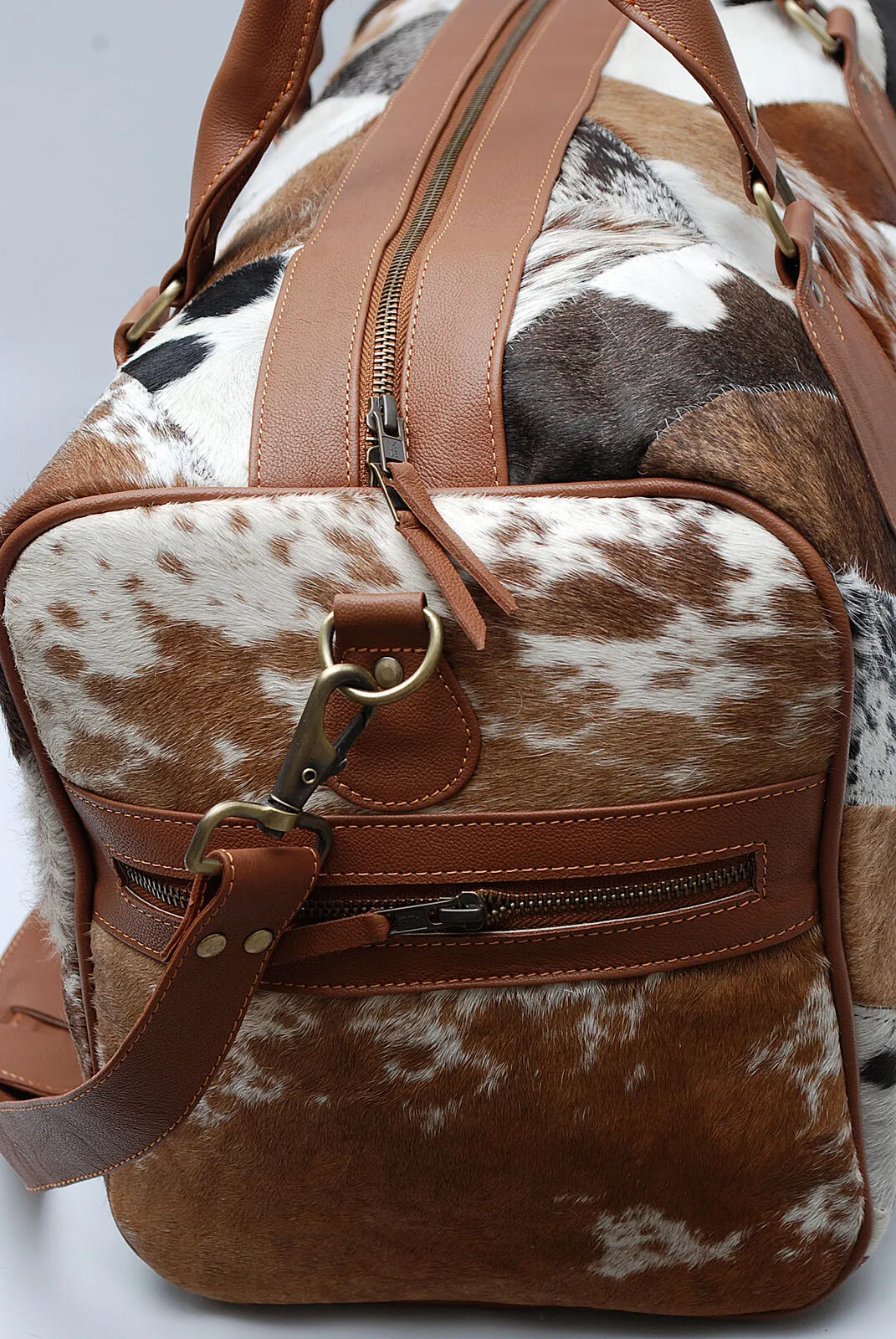 cowhide duffle bag patchwork