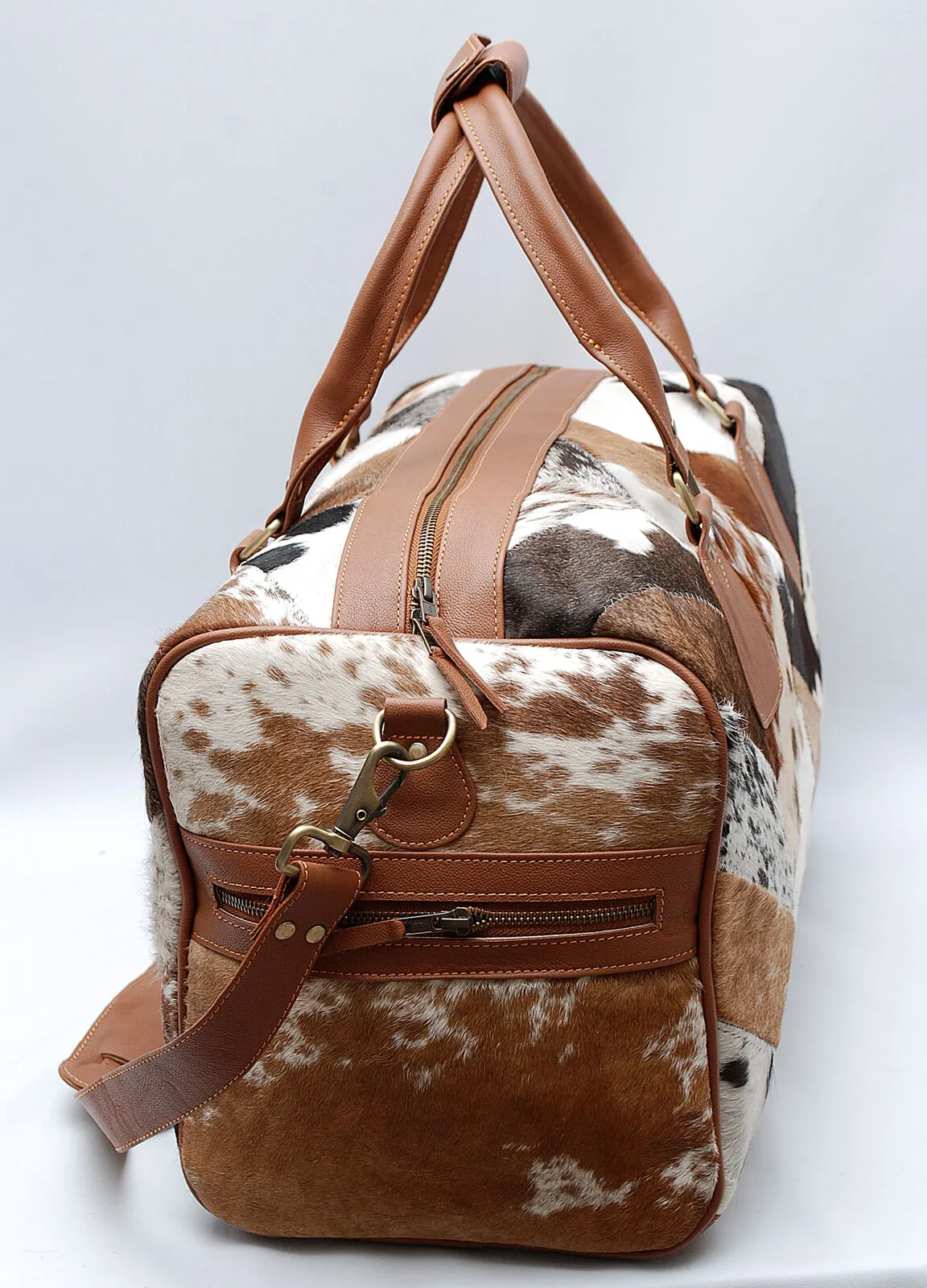 cowhide duffle bag patchwork