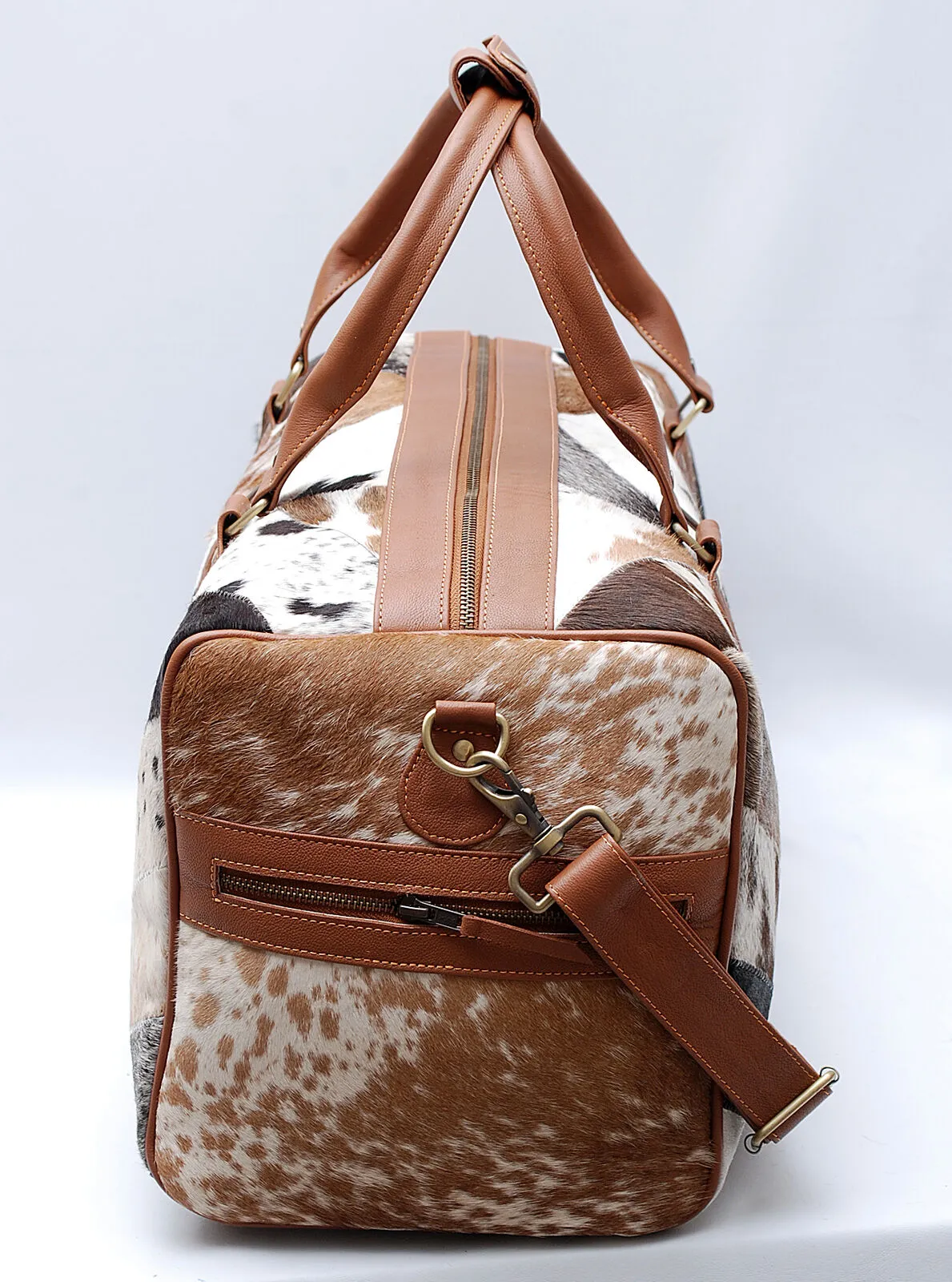 cowhide duffle bag patchwork