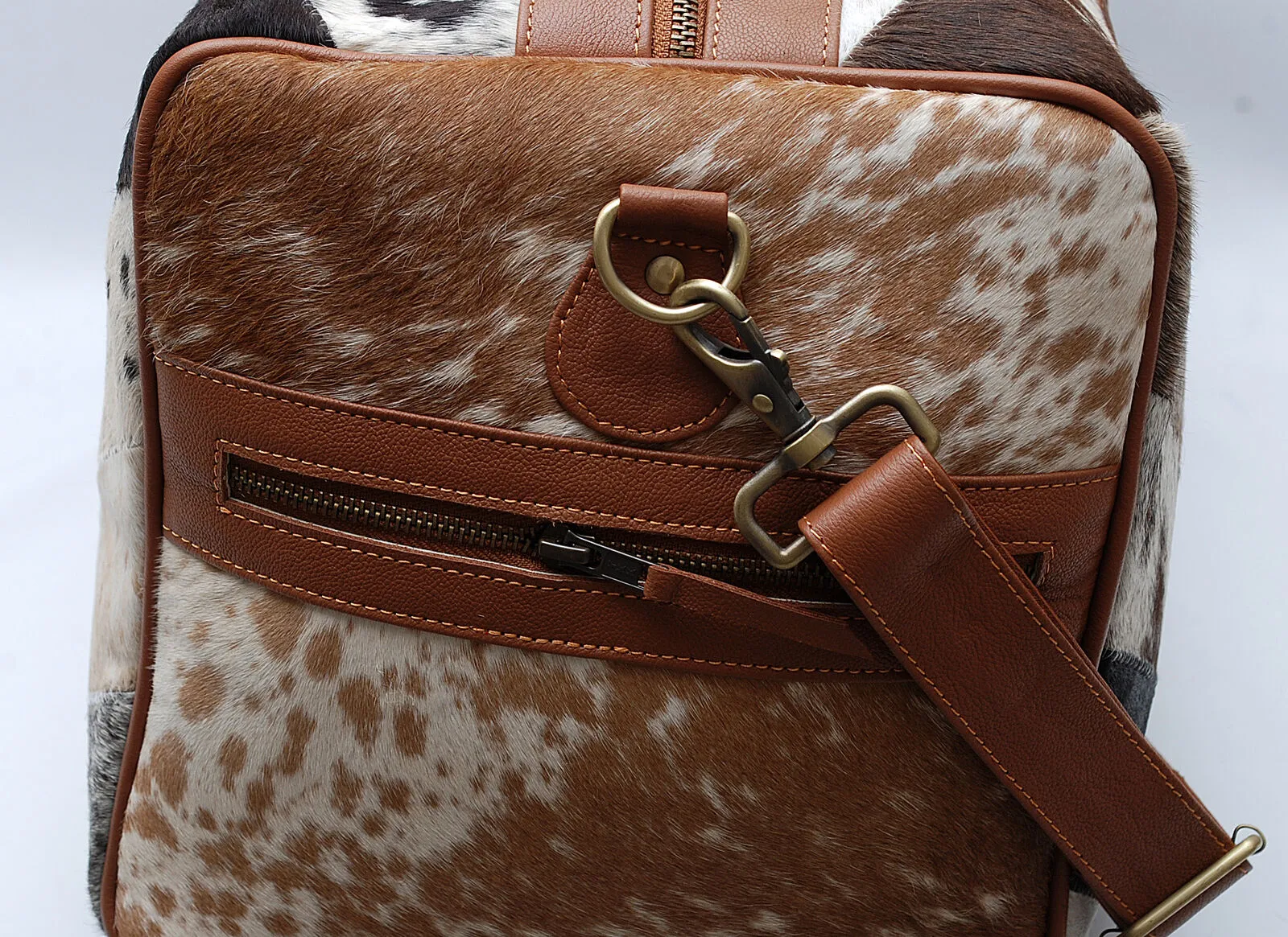 cowhide duffle bag patchwork