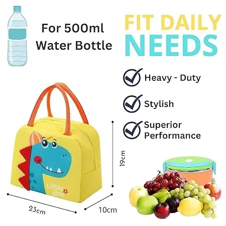 Cute 3d design Animal Printed Insulated  Lunch bag for kids (Yellow Dino)