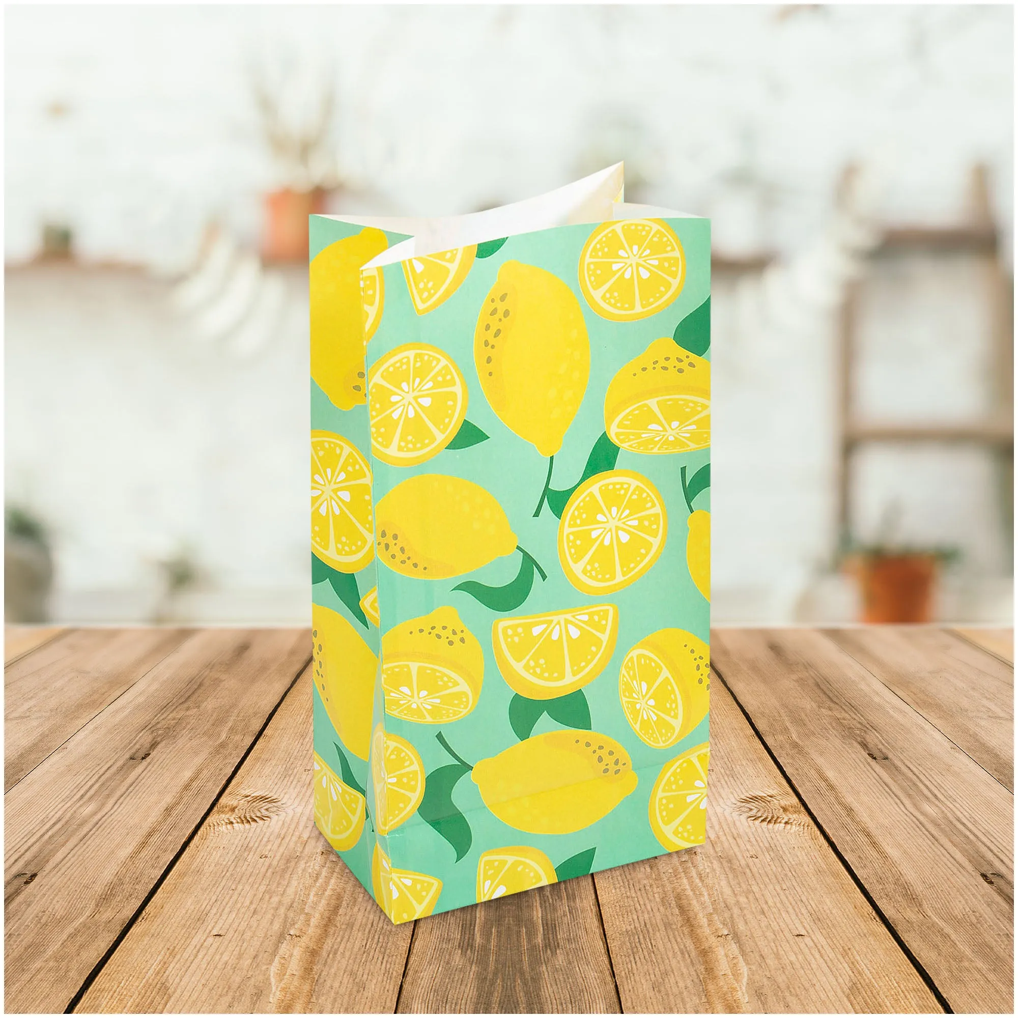 Fresh Citrus Yellow Lemon & Mint Paper Gift Bags and Party Favor Treat Bags, 10x3.25x5.25" (12 Pack)