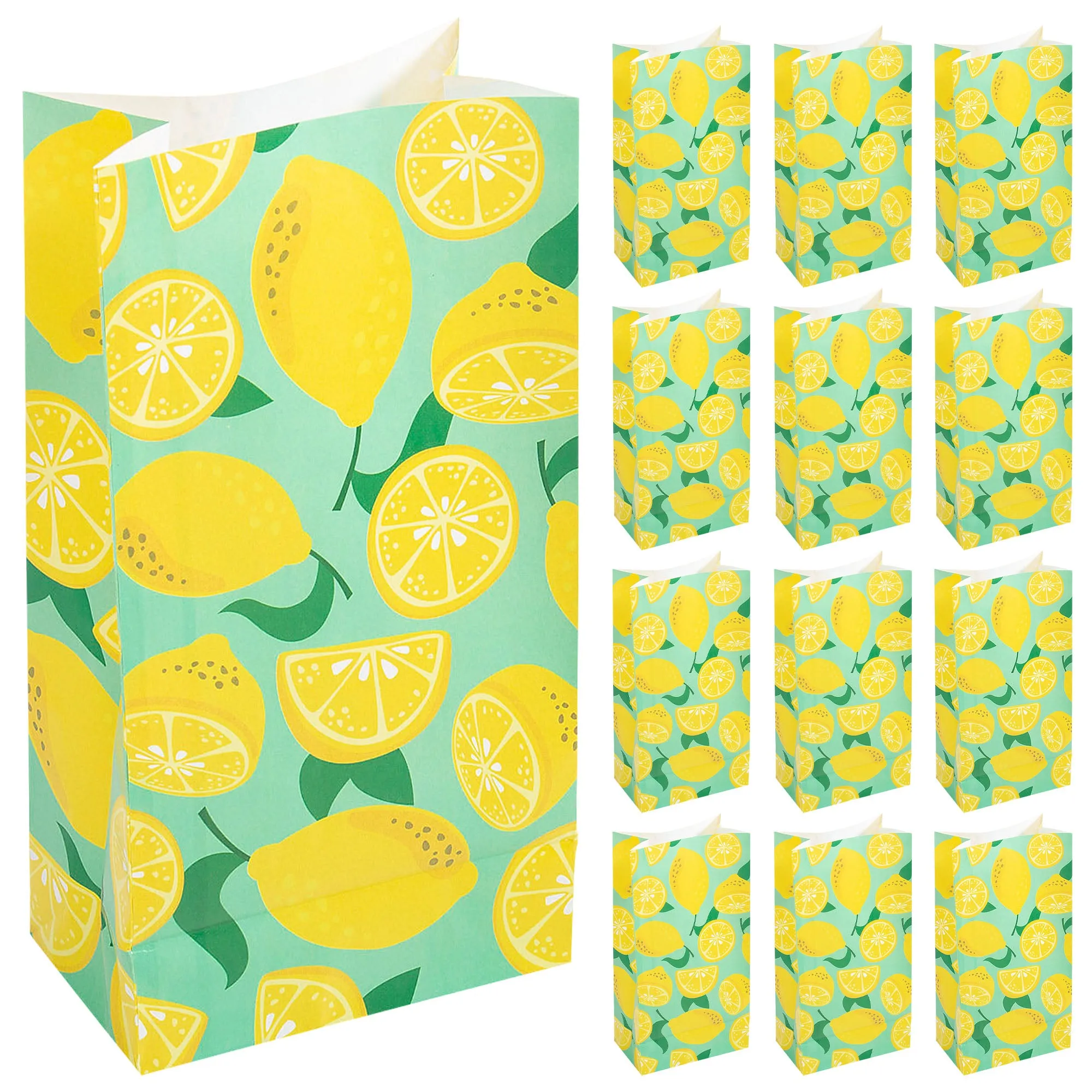 Fresh Citrus Yellow Lemon & Mint Paper Gift Bags and Party Favor Treat Bags, 10x3.25x5.25" (12 Pack)