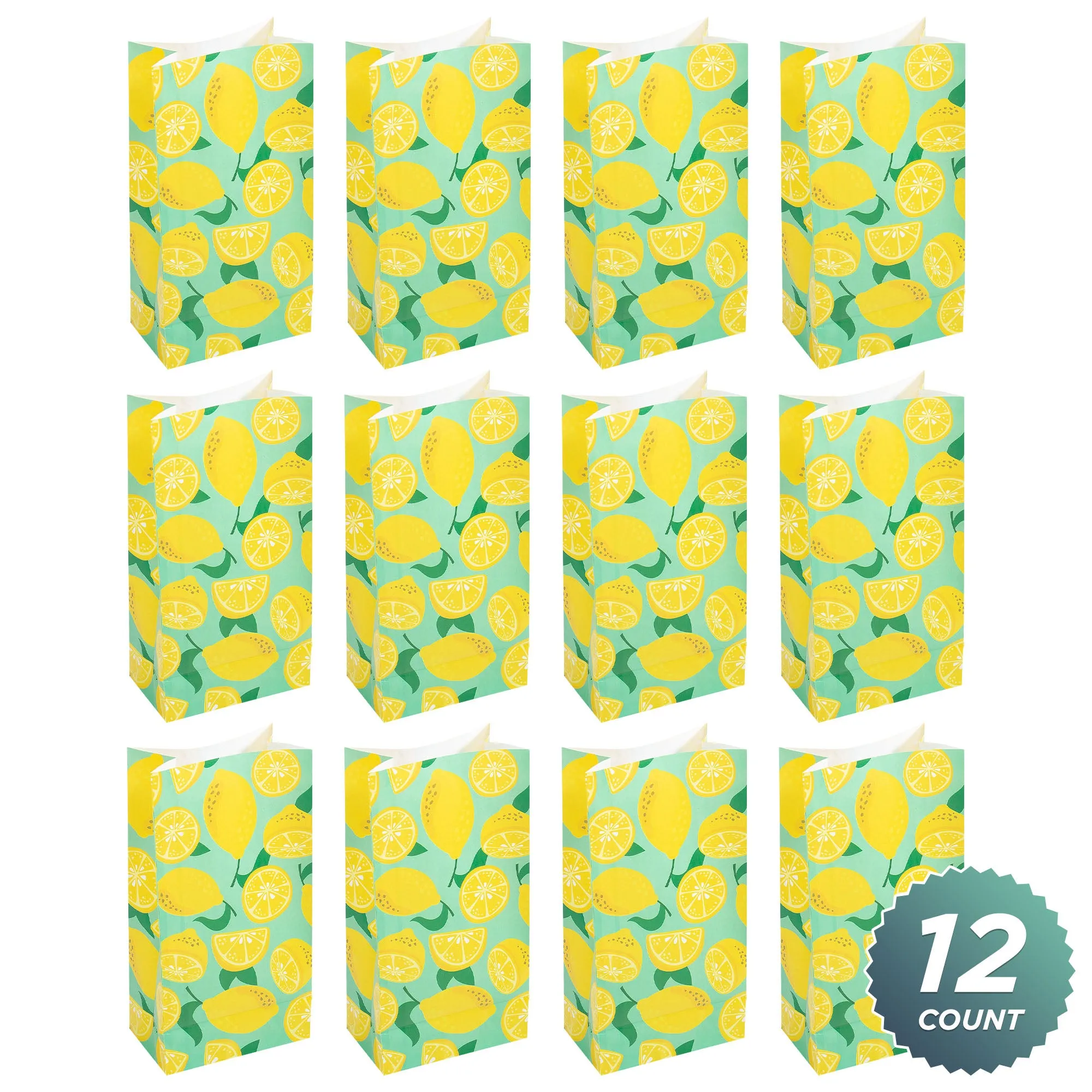 Fresh Citrus Yellow Lemon & Mint Paper Gift Bags and Party Favor Treat Bags, 10x3.25x5.25" (12 Pack)