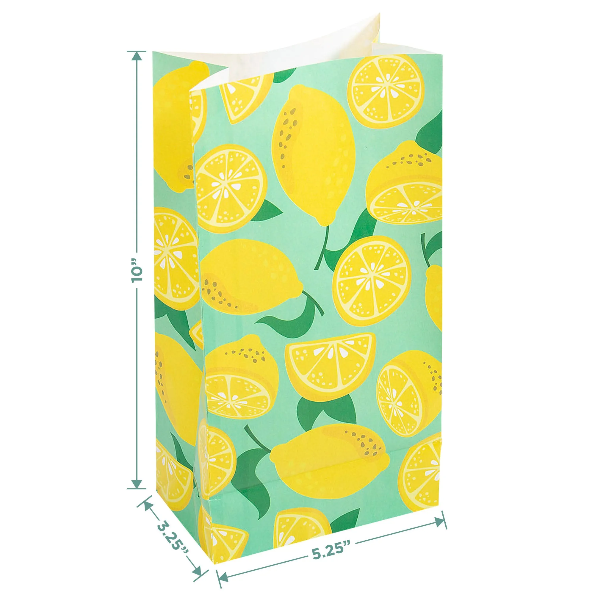 Fresh Citrus Yellow Lemon & Mint Paper Gift Bags and Party Favor Treat Bags, 10x3.25x5.25" (12 Pack)