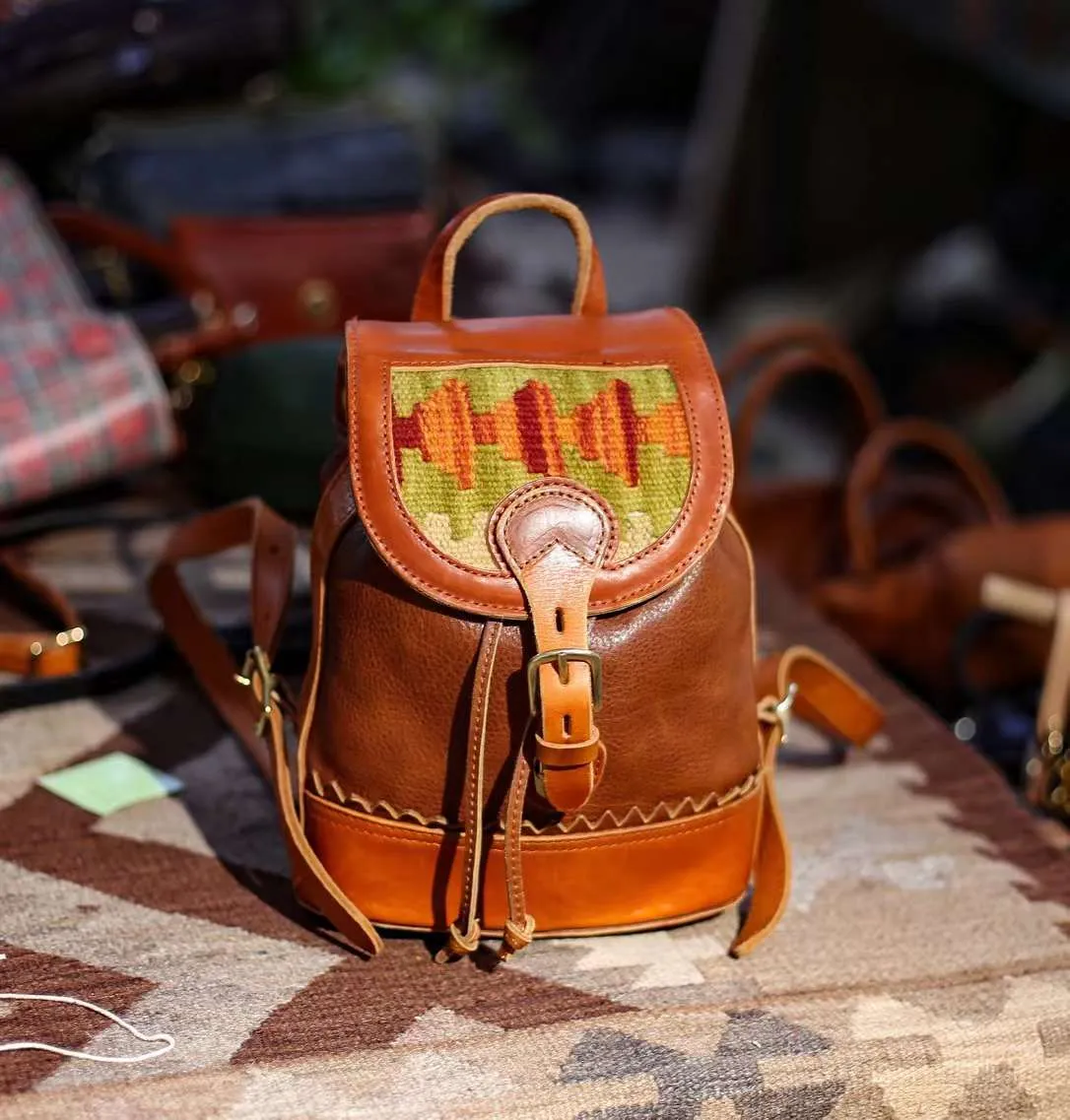 Handcrafted Small Leather Backpack with Embroidered Flap | Full-grain Leather Backpack with Carpet Pattern Patchwork