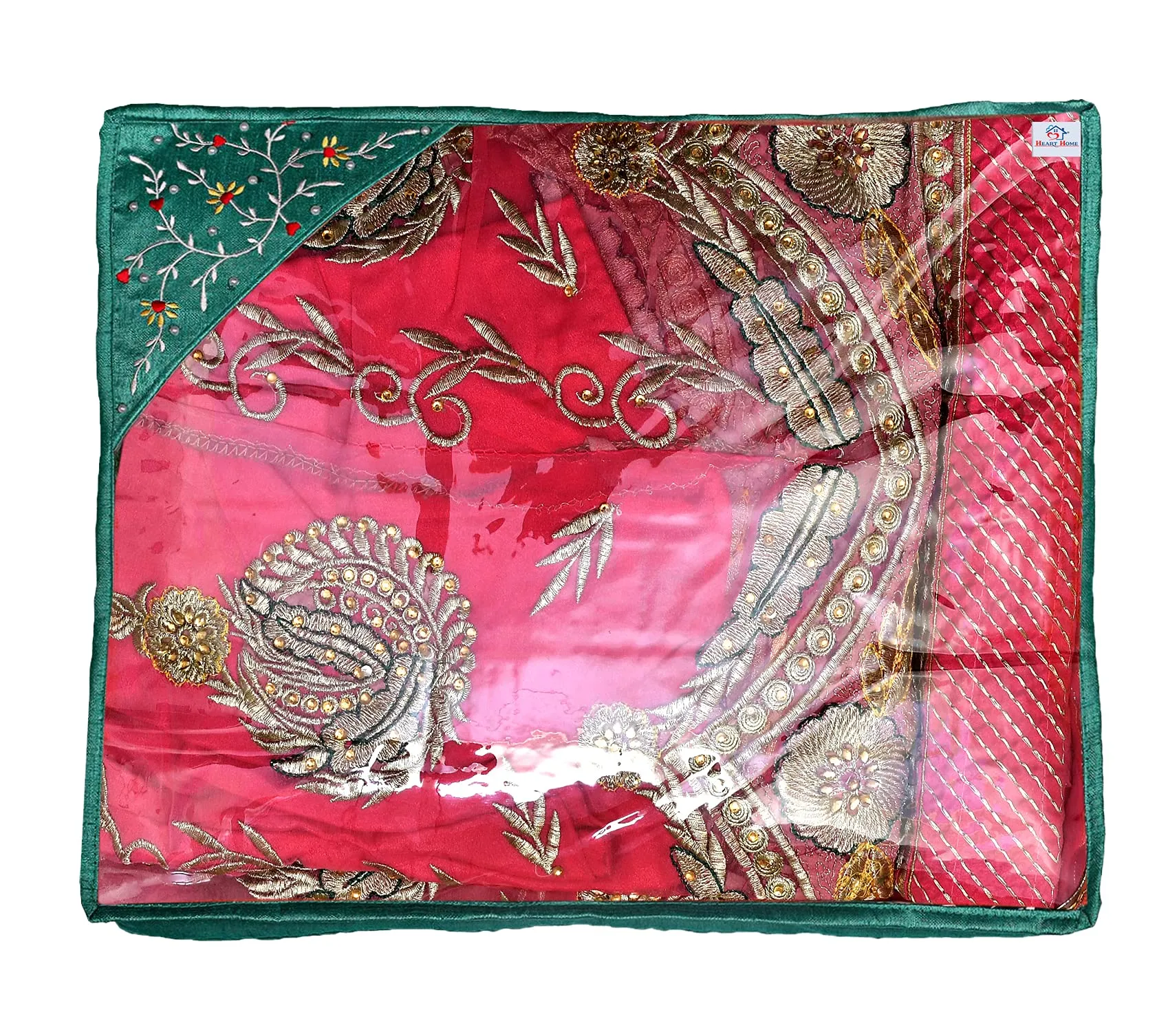 Heart Home Embroidery Design Non Woven 3" inch Saree Cover With Transparent Top- Pack of 6 (Green)