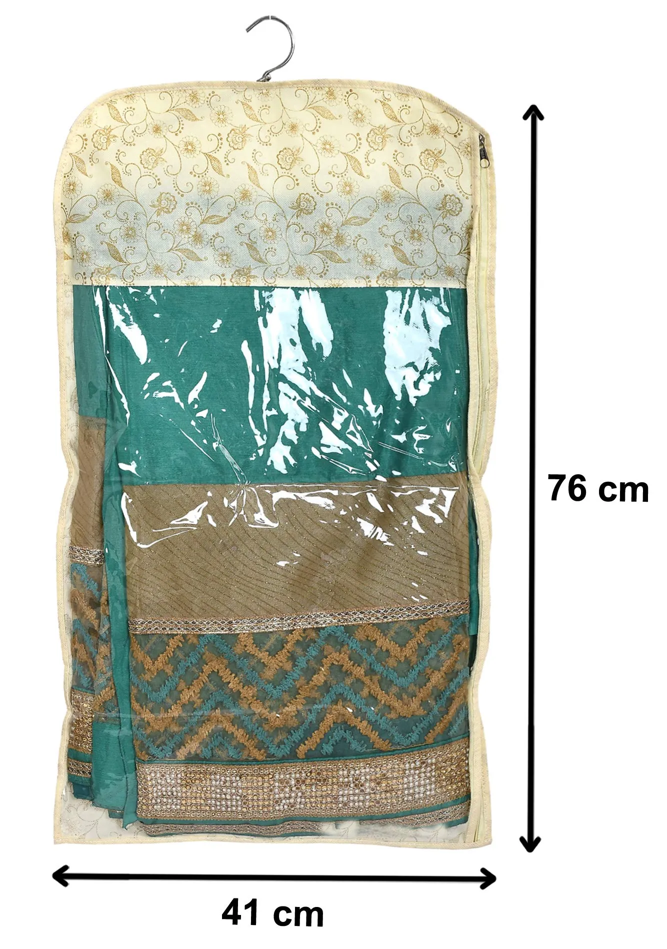 Heart Home Metalic Print Non-woven Hanging Saree Cover Wardrobe Organiser With Hanger (Gold)-Pack of 24-KUBMART15529