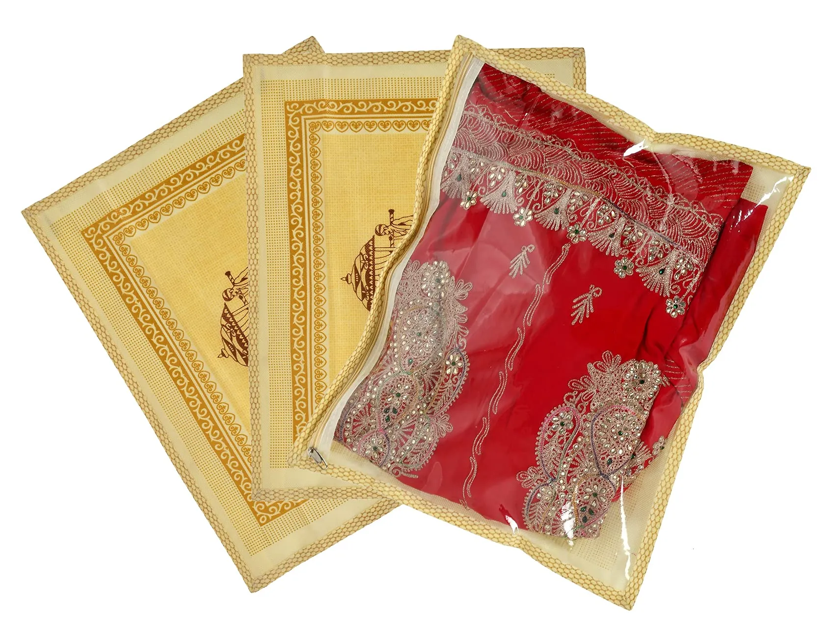 Kuber Industries Dolli Printed Non Woven Tranasparent Waterproof Single Saree Cover, Saree Organizer With Zip- Pack of 3 (Gold)-HS_38_KUBMART21437, Plastic