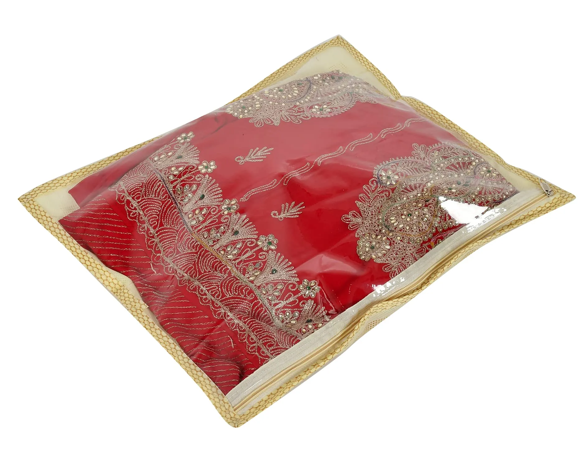 Kuber Industries Dolli Printed Non Woven Tranasparent Waterproof Single Saree Cover, Saree Organizer With Zip- Pack of 3 (Gold)-HS_38_KUBMART21437, Plastic