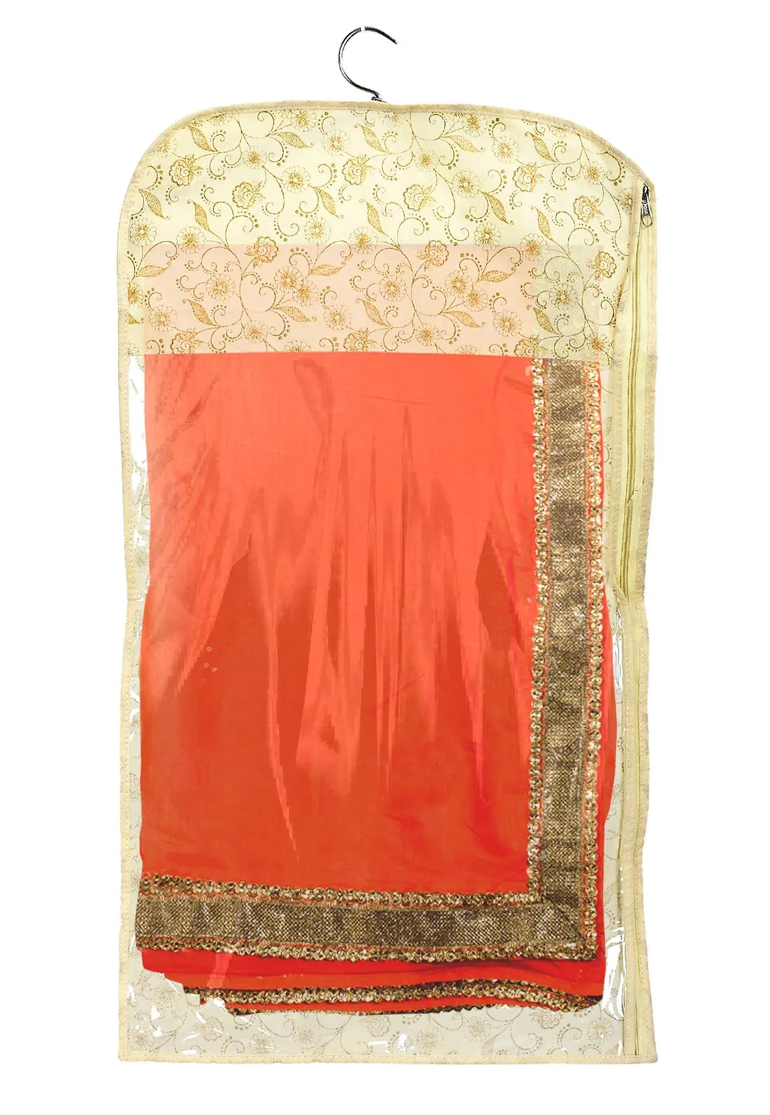 Kuber Industries Metalic Print Non-woven Hanging Saree Cover Wardrobe Organiser With Hanger (Gold)-Pack of 9-KUBMART15523