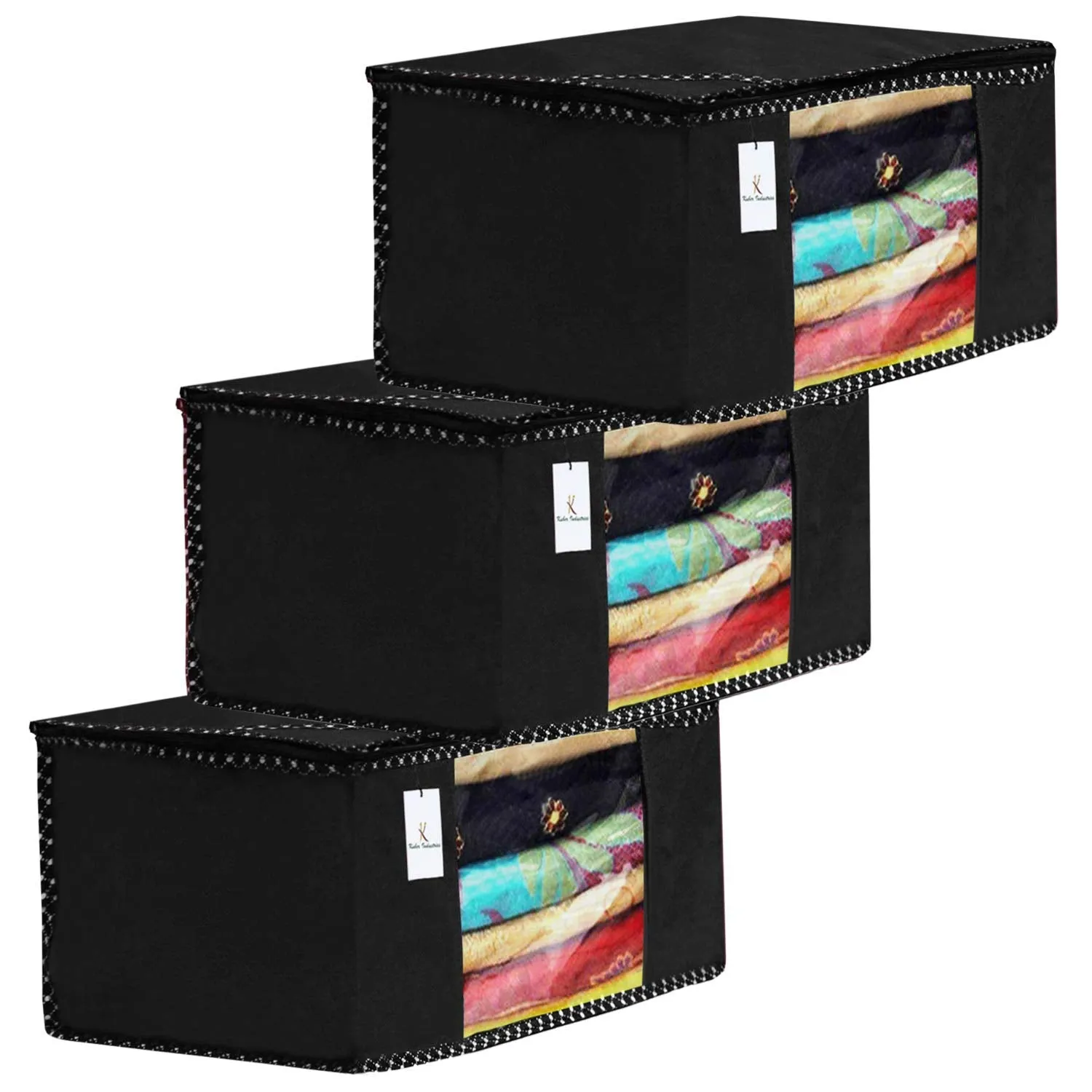 Kuber Industries Non Woven Fabric Saree Cover|Clothes Organiser for Wardrobe|Transparent Window|Extra Large, Pack of 3 (Black)-KUBMART2782