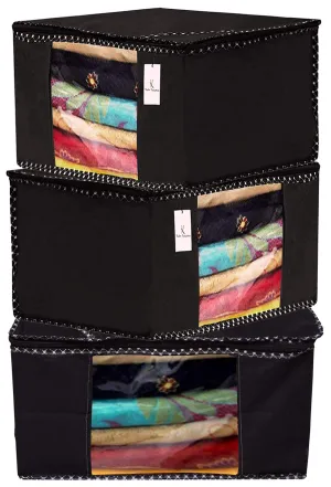 Kuber Industries Non Woven Fabric Saree Cover|Clothes Organiser for Wardrobe|Transparent Window|Extra Large, Pack of 3 (Black)-KUBMART2782