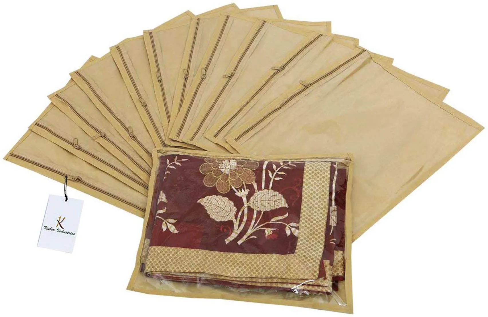 Kuber Industries Non-Woven Single Packing Saree Cover|Zipper Closure Transparent|Pack Of 12 (Brown)-Kubmart2826