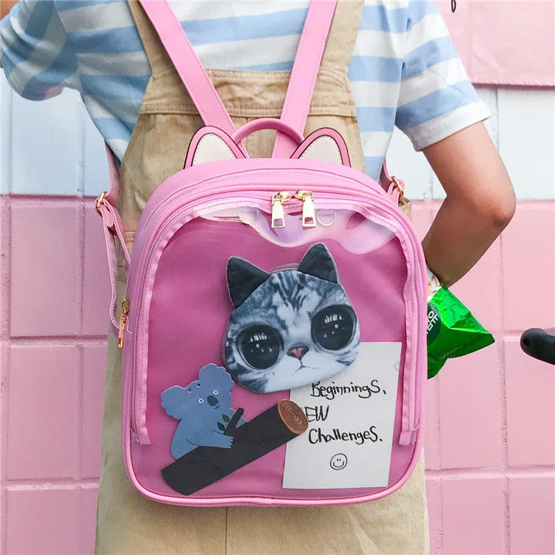 MSMO Lovely Cat Ear Leather Backpacks Candy Color Transparent Bag Women Shoulder Bags School Teenage Girls Travel Bagpack Itabag