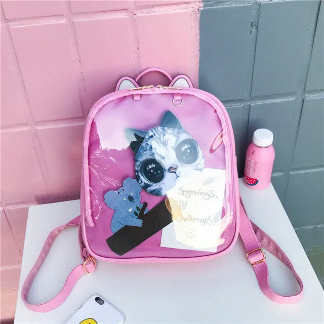 MSMO Lovely Cat Ear Leather Backpacks Candy Color Transparent Bag Women Shoulder Bags School Teenage Girls Travel Bagpack Itabag