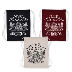 The 1st Amendment Defines Us. The 2nd Amendment Defends Us Drawstring Bag (3 Colors)