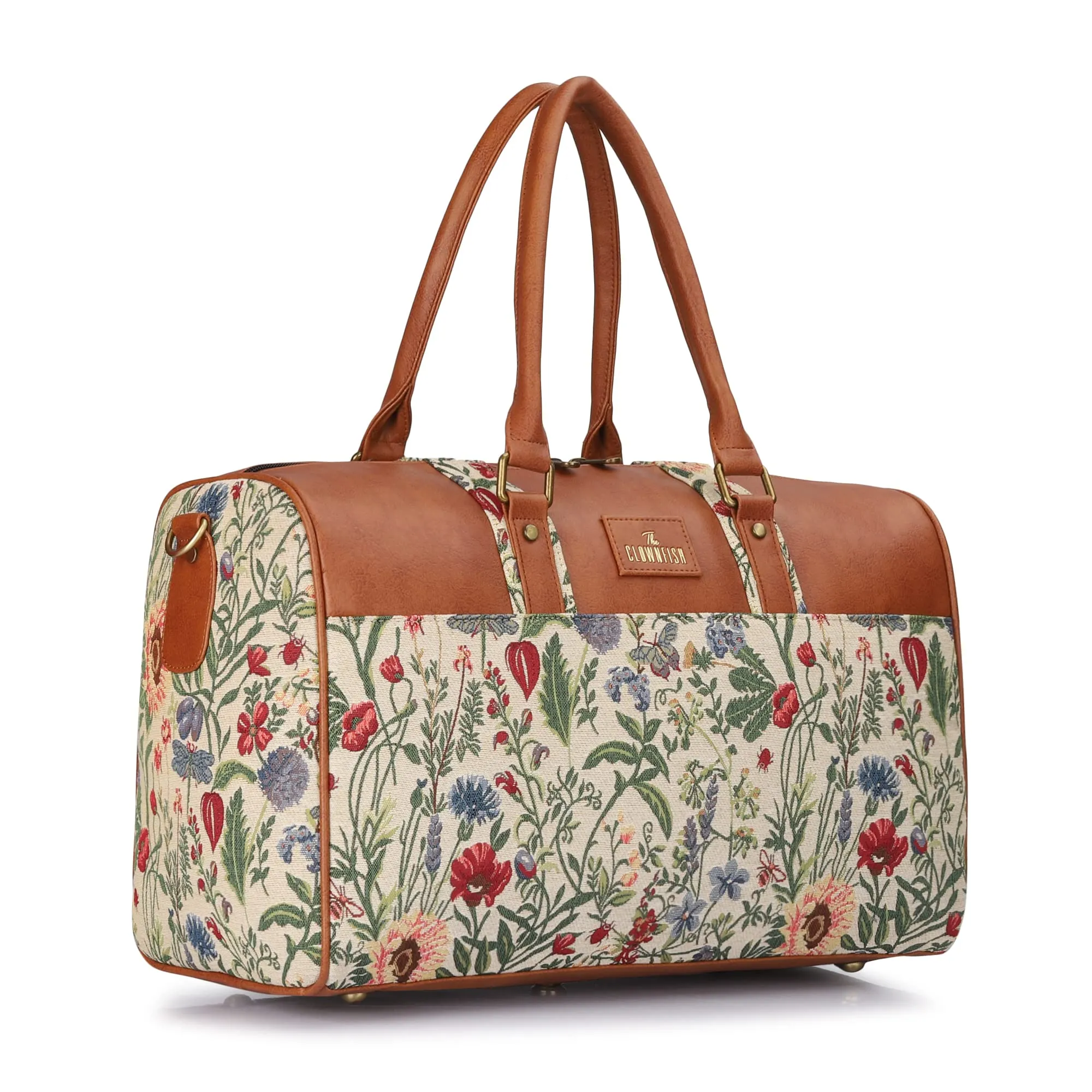 The Clownfish Brooklyn 32 litres Tapestry with Faux Leather Unisex Travel Duffle Bag Weekender Bag (Red-Floral)