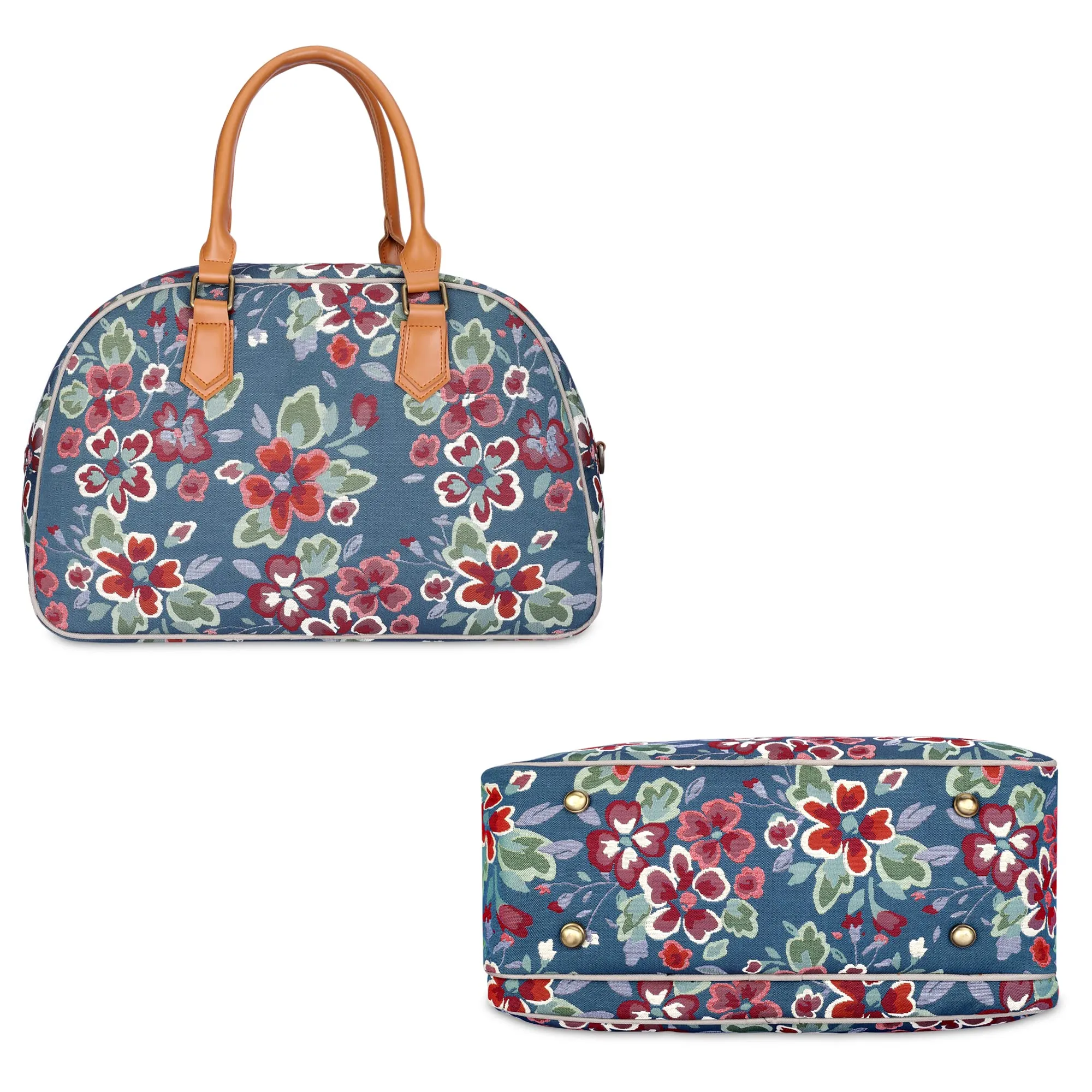 The Clownfish Ziana Series 24 litres Tapestry & Faux Leather Unisex Travel Duffle Bag Luggage Weekender Bag (Light Blue-Floral)