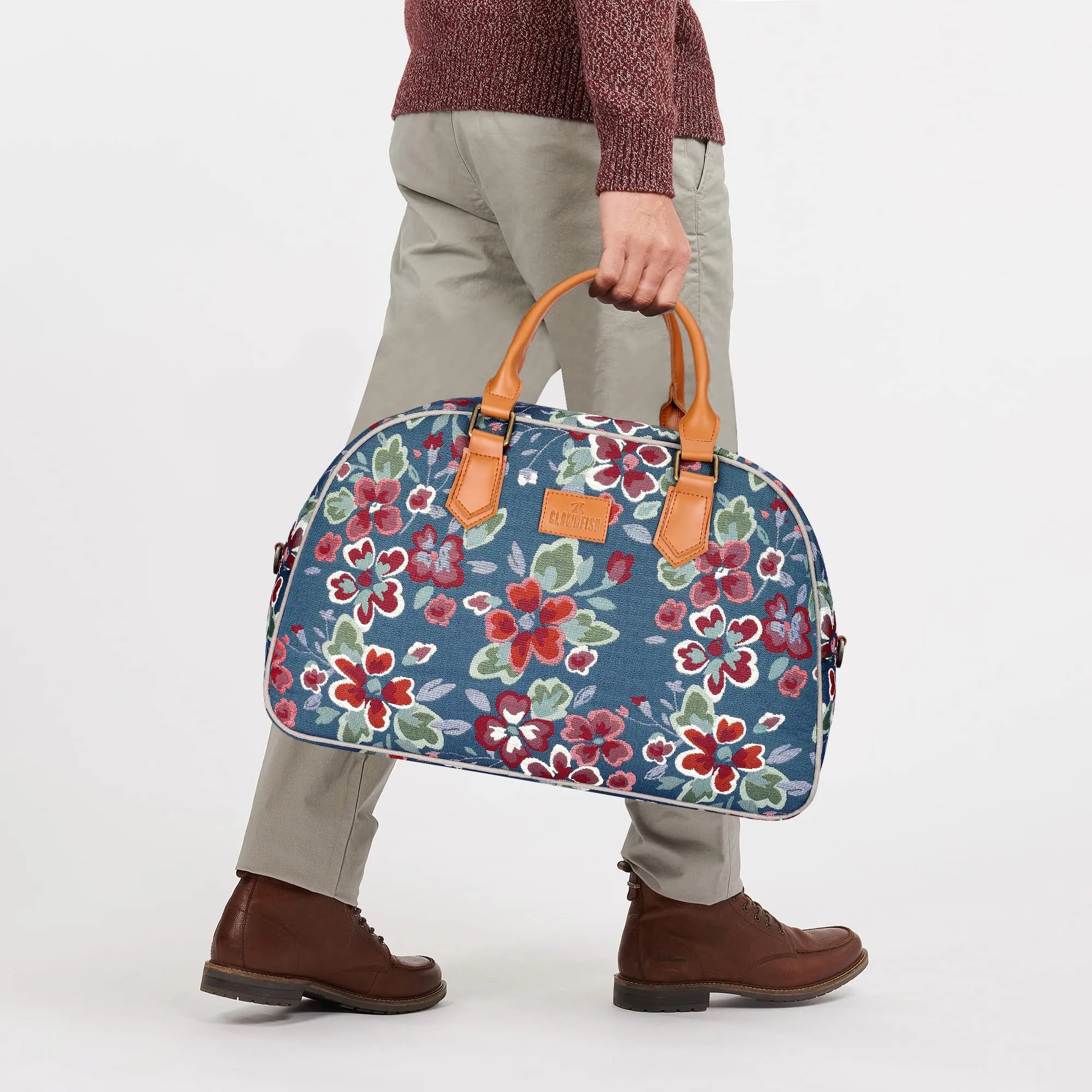 The Clownfish Ziana Series 24 litres Tapestry & Faux Leather Unisex Travel Duffle Bag Luggage Weekender Bag (Light Blue-Floral)