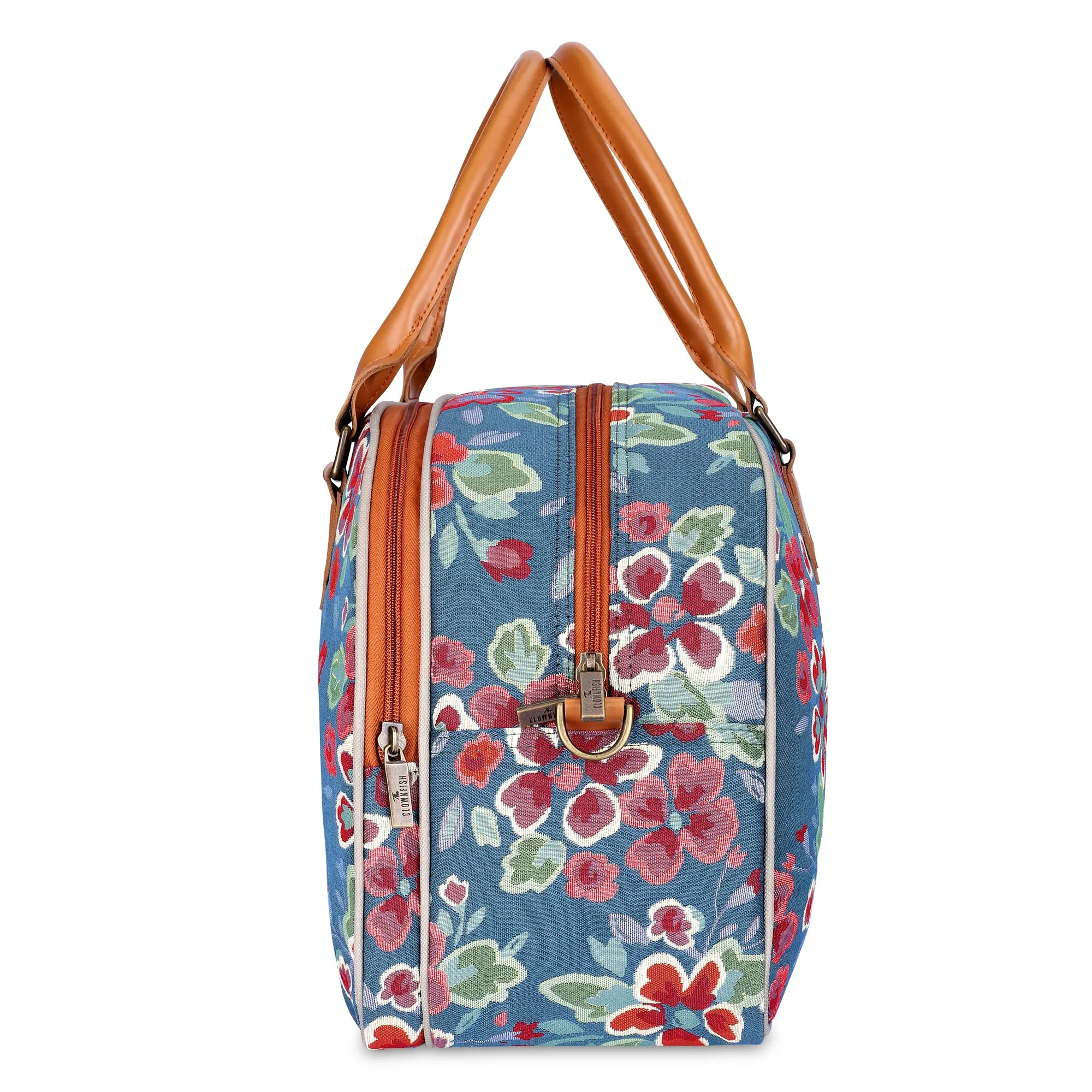 The Clownfish Ziana Series 24 litres Tapestry & Faux Leather Unisex Travel Duffle Bag Luggage Weekender Bag (Light Blue-Floral)