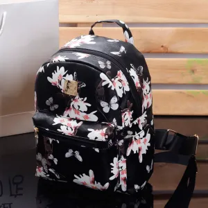 Women Cute School Bags Backpack Mini 2016 Fashion Back Pack Floral Printing Black Small PU Leather Backpack For Teenagers Girls